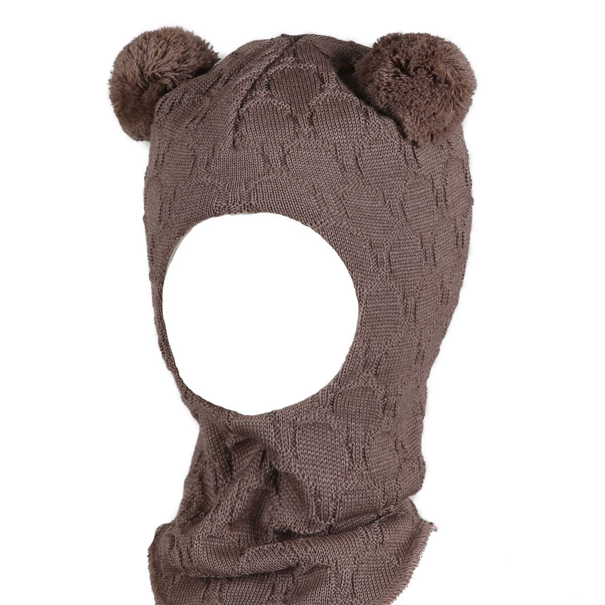Kivat balaclava lue med store dusker, Sjokoladebrun